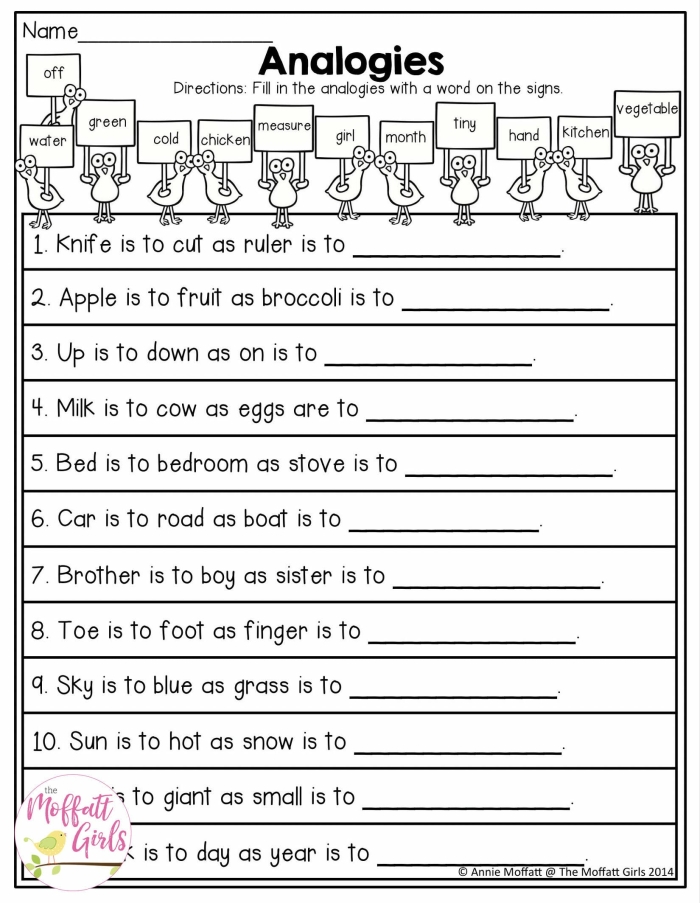 Third grade student filling out the We're Related analogies worksheet to improve vocabulary skills