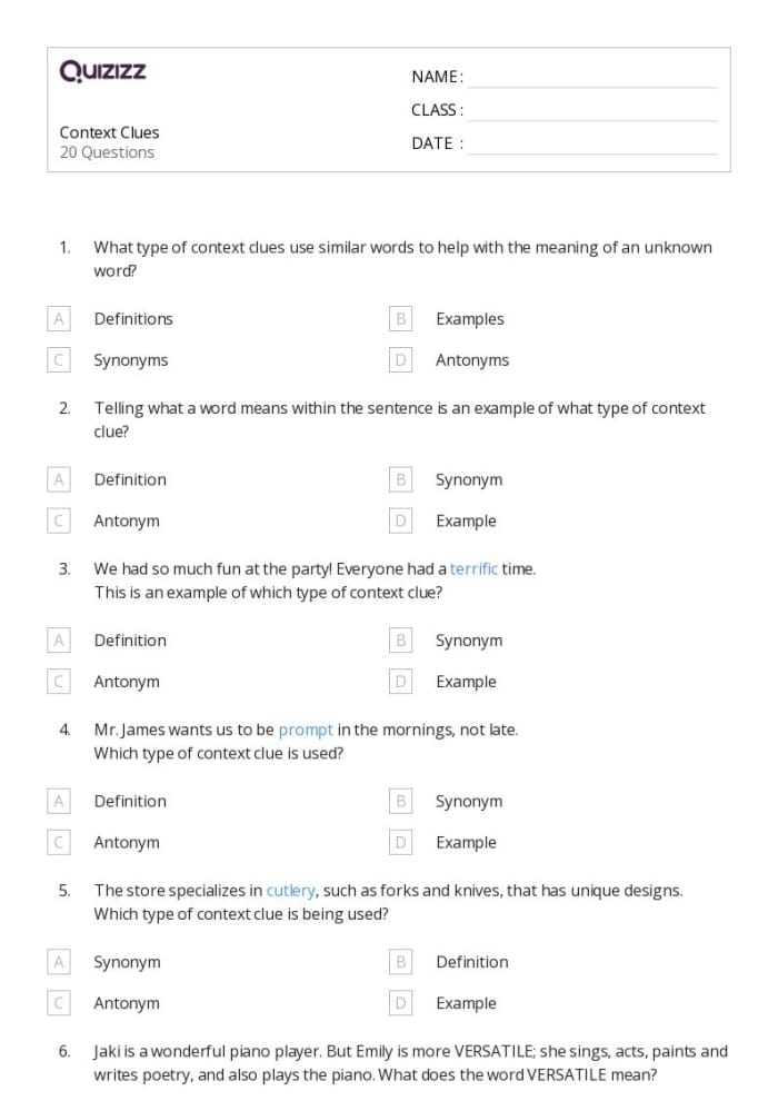 Third grade vocabulary worksheet focused on identifying definitions through context clues