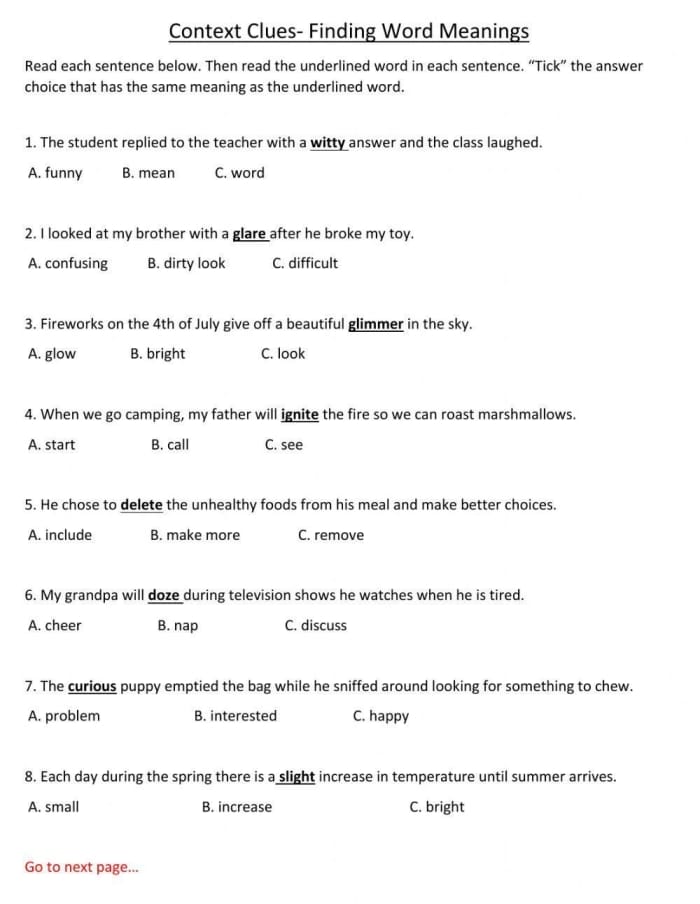 Worksheet featuring context clues for vocabulary development in third graders