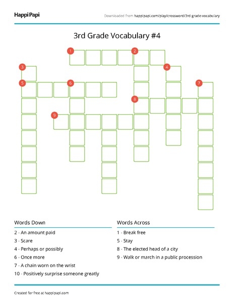 3rd Grade Vocabulary Crossword worksheet featuring grade-level spelling challenges