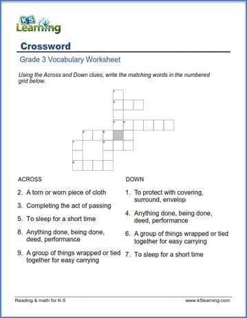 Third grade vocabulary crossword puzzle worksheet with blank grid and word clues for spelling practice