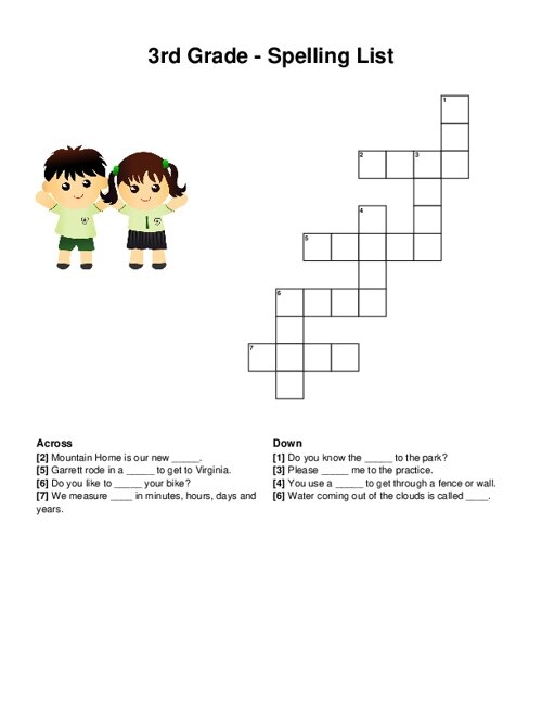3rd Grade vocabulary crossword puzzle worksheet featuring spelling practice for children