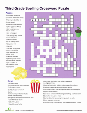 Third grade vocabulary crossword puzzle worksheet for grammar and mechanics practice