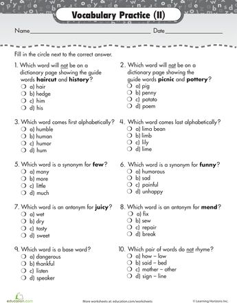 Vocabulary Practice worksheet focusing on alphabetizing and synonyms for third graders