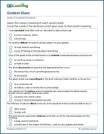 Third grade students completing a Context Clues Check-Up worksheet to identify word meanings