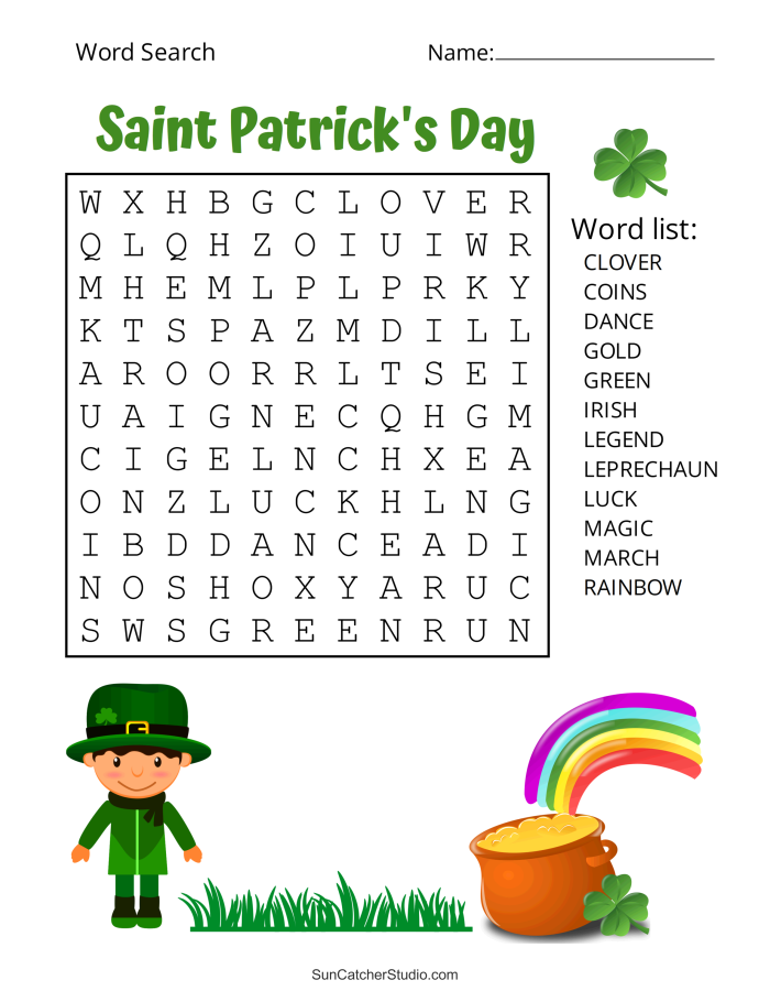 St. Patrick's Day themed word search worksheet for third graders to enhance vocabulary skills