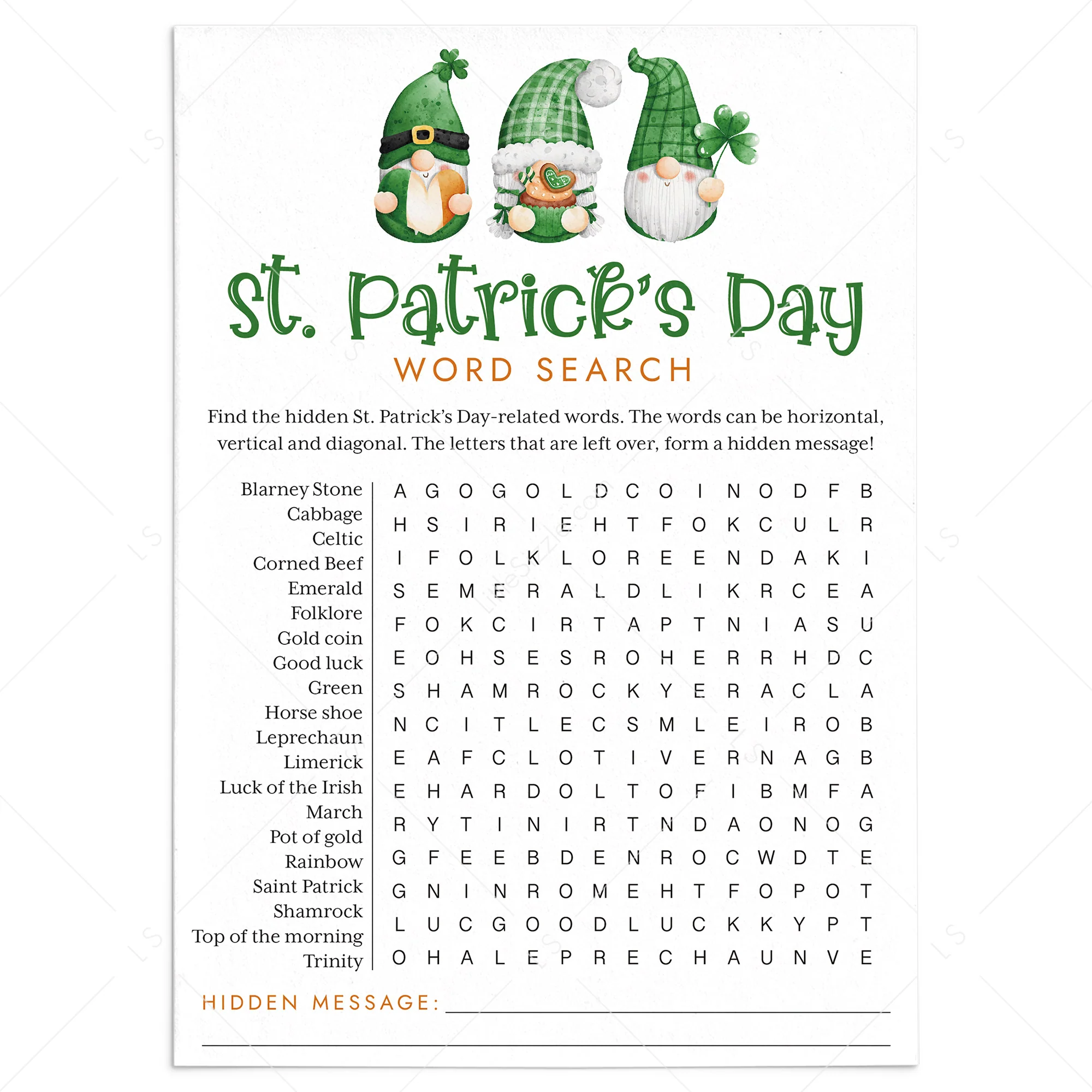 St. Patrick's Day themed word search worksheet for third graders focusing on vocabulary building