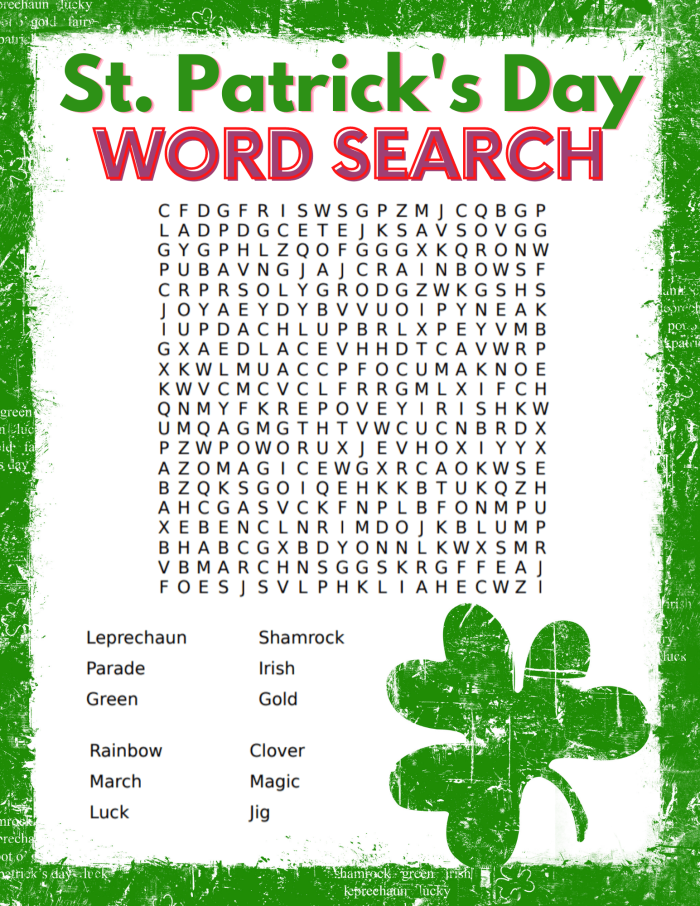 St. Patrick's Day Word Search worksheet for third graders to enhance vocabulary skills