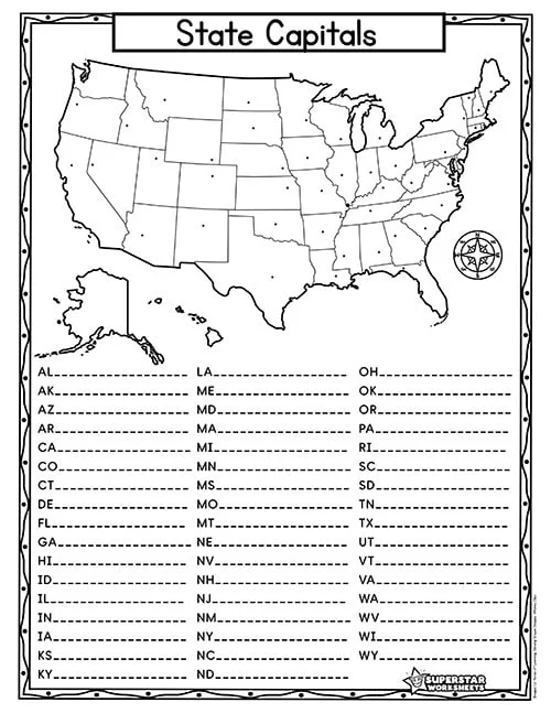 Third grade worksheet featuring a series of vocabulary prompts to help students learn about their home state