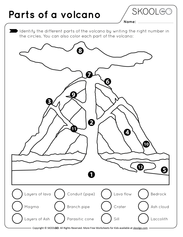 Third grade science worksheet featuring a labeled diagram of an active volcano for labeling practice