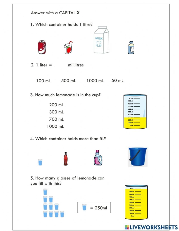 Measurement worksheet for third graders focusing on liters and milliliters Kids matching everyday objects to liters and milliliters for a volume activity