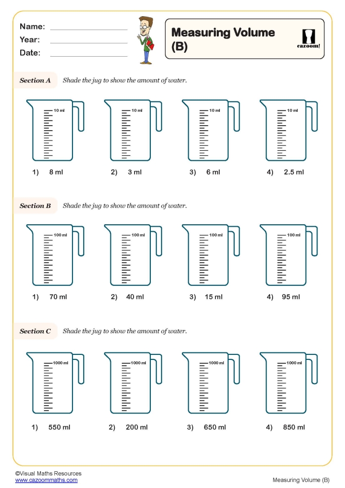 Physical Science worksheet for Third Grade Kids engaging with a measurement worksheet on liters and milliliters. Third-grade volume matching activity featuring various objects.