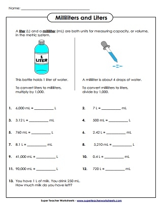 Engaging measurement worksheet for third graders on liters and milliliters Kids matching objects to liters and milliliters in a volume worksheet