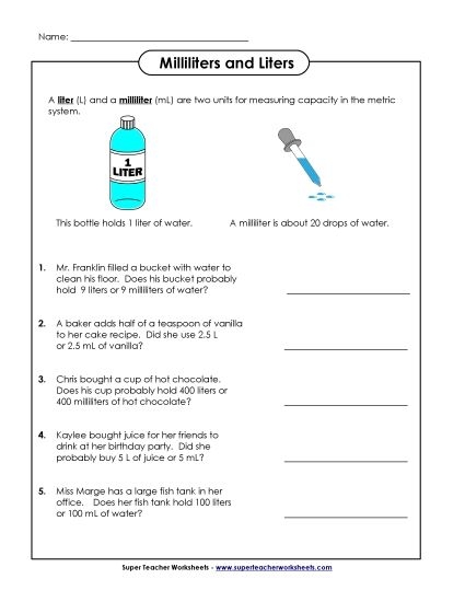 Educational activity for third graders on measuring liquid volumes Worksheet for matching objects with liters and milliliters for volume measurement