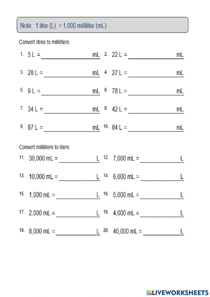 Physical Science worksheet for Third Grade Kids engaging with a worksheet on measuring liters and milliliters by matching objects. Volume measurement worksheet for third graders focusing on liters and milliliters.