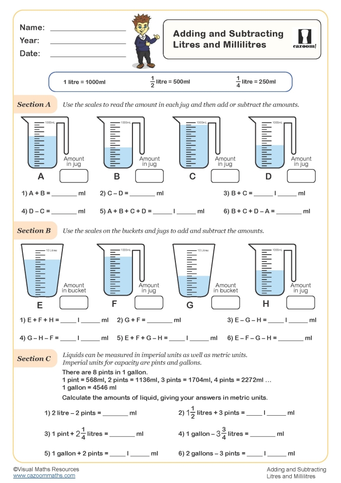 Volume measurement activity for third graders focusing on liters and milliliters Children engaging with a volume worksheet matching objects to liters and milliliters