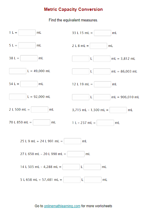 Measurement worksheet for third graders focusing on liters and milliliters Kids matching items to liters and milliliters on a volume worksheet
