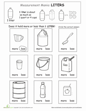 Interactive worksheet for third graders to learn about volume measurement units Children engaging with a volume measurement worksheet featuring liters and milliliters