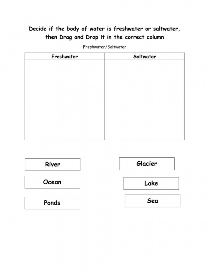 Understanding the differences between ocean and river water in this educational activity Fresh Water and Salt Water worksheet for third graders illustrating the water cycle