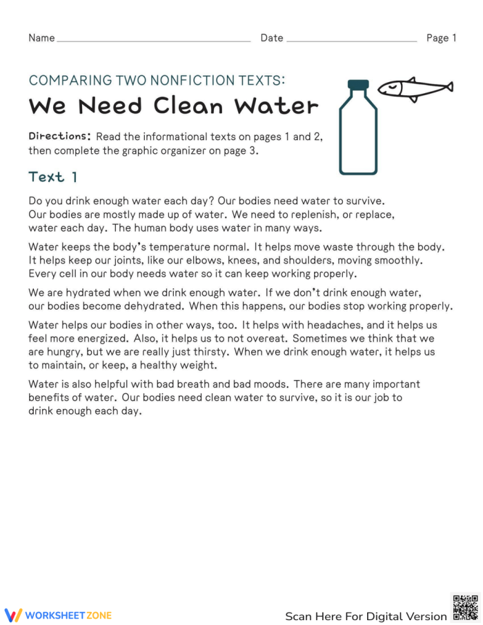 Third grade students comparing two nonfiction texts about water influence on a worksheet page