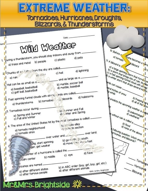 Illustration for the Wild Weather worksheet encouraging reading comprehension skills Third grade students working on the Answering Questions About Wild, Wild Weather worksheet