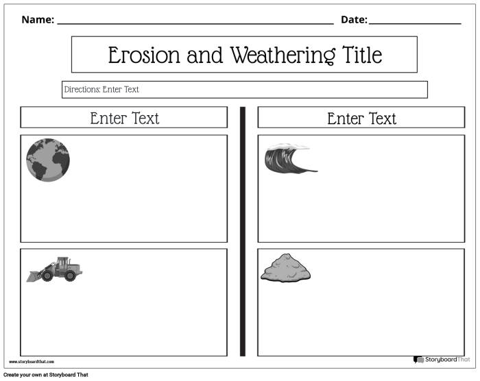 Third grade Spanish worksheet explaining the concepts of weathering and erosion with visual examples
