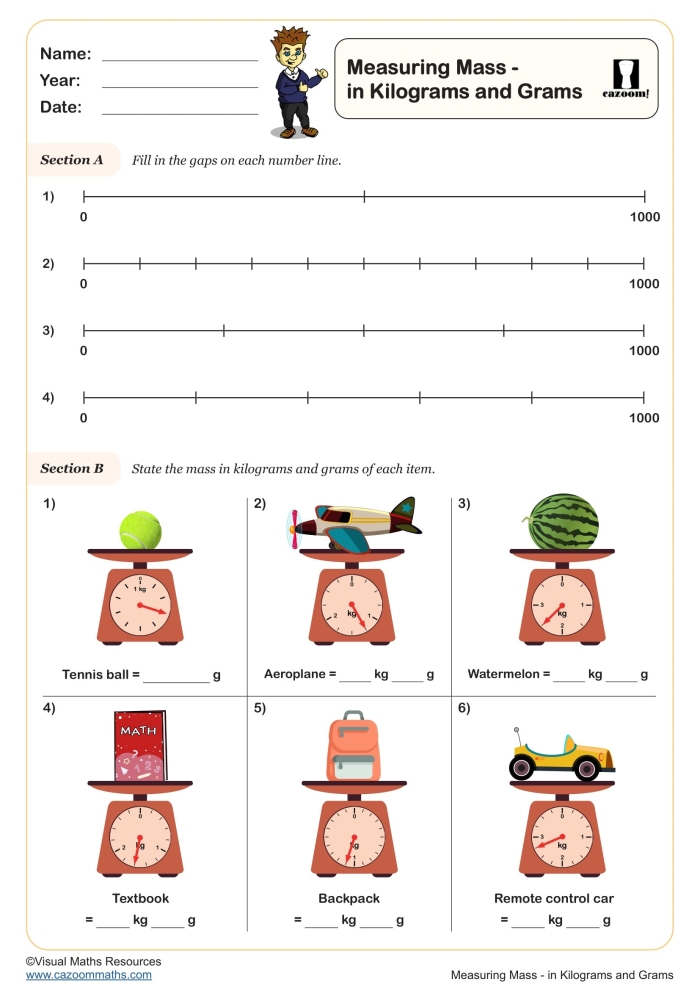 Interactive activity sheet helping children understand metric units of mass Grams and kilograms measurement worksheet for third graders focusing on weight concepts