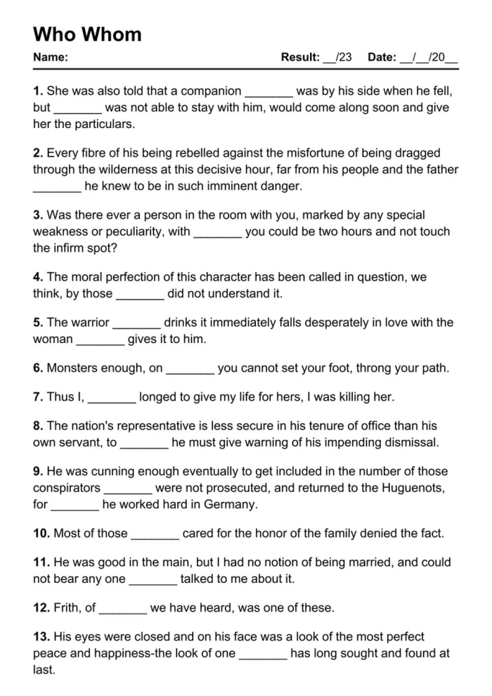Interactive grammar worksheet for third graders focusing on the use of 'who' and 'whom
