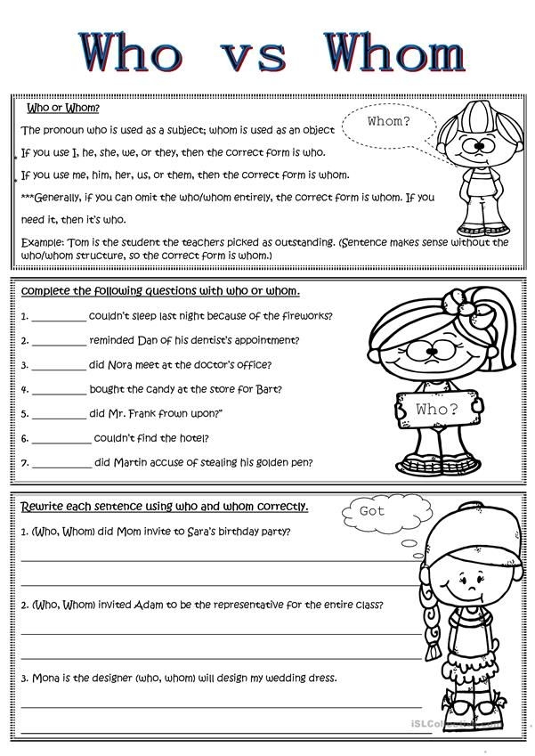 Third grade grammar worksheet focusing on the distinction between who and whom with fill-in-the-blank exercises