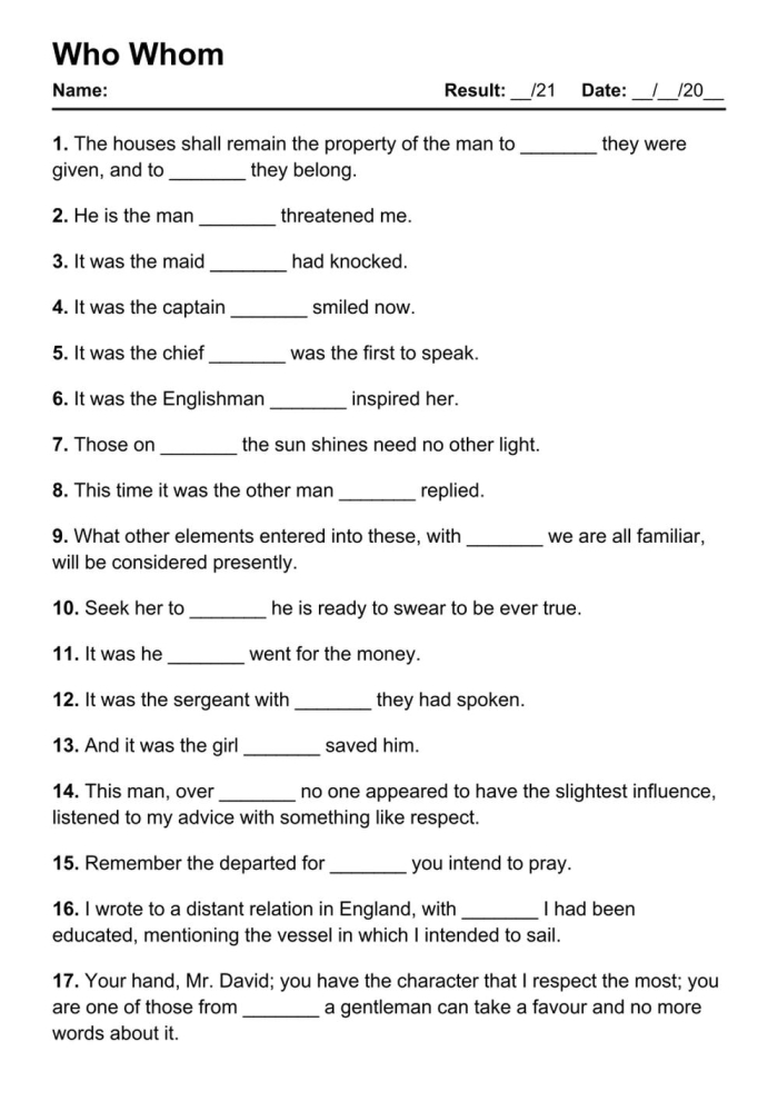 Interactive grammar worksheet for third graders focusing on the use of "who" and "whom" in sentences. Third grade worksheet on distinguishing between who and whom in grammar.
