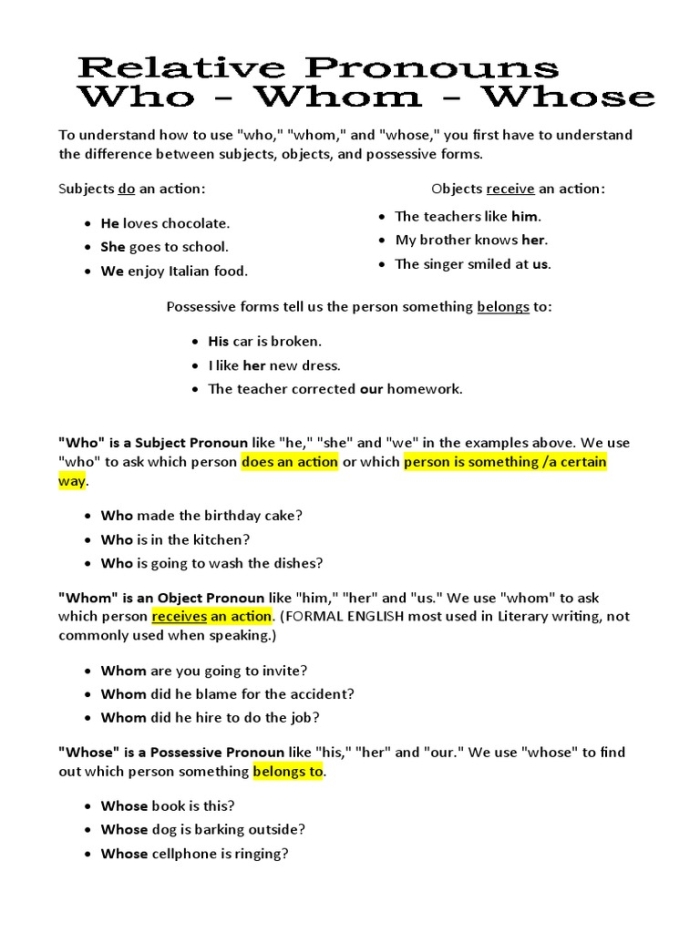 Worksheet for third graders on using who vs. whom in sentences