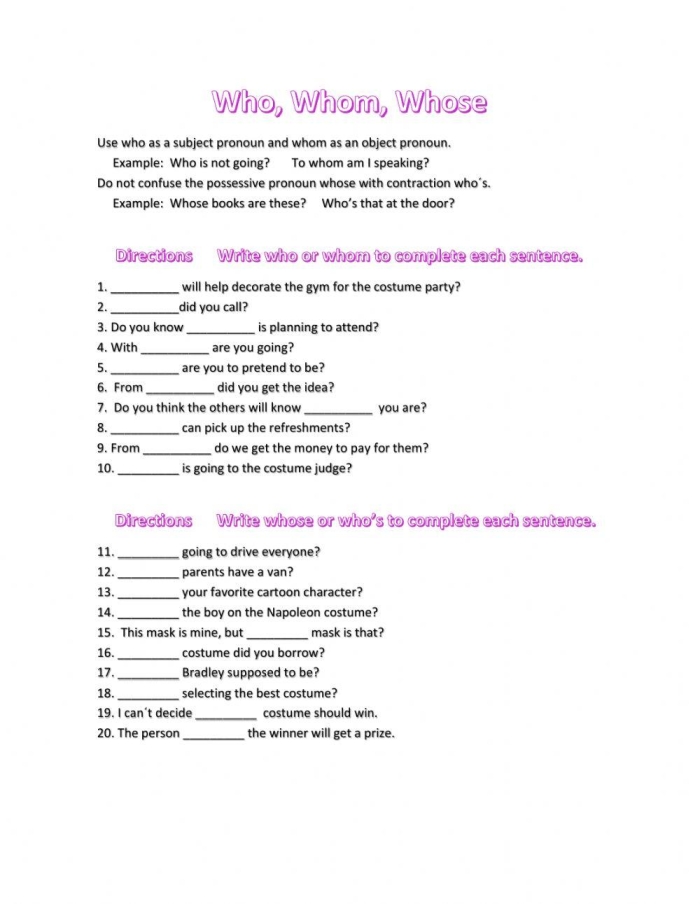 Fill-in-the-blanks worksheet for third graders on using who and whom correctly
