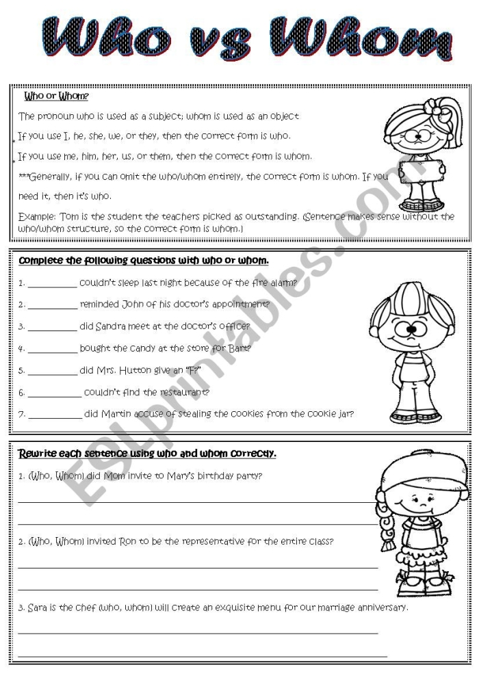 Third grade grammar worksheet focusing on the usage of who and whom in sentences