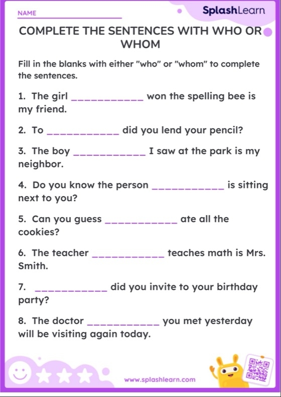 Interactive worksheet for third graders on using who and whom correctly in sentences
