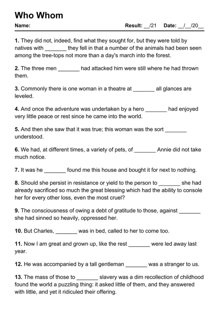 Interactive worksheet for third graders to practice using who and whom in sentences