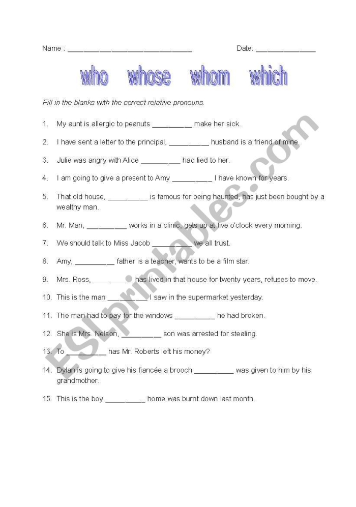 Engaging fill-in-the-blanks worksheet for third graders on using who versus whom in sentences