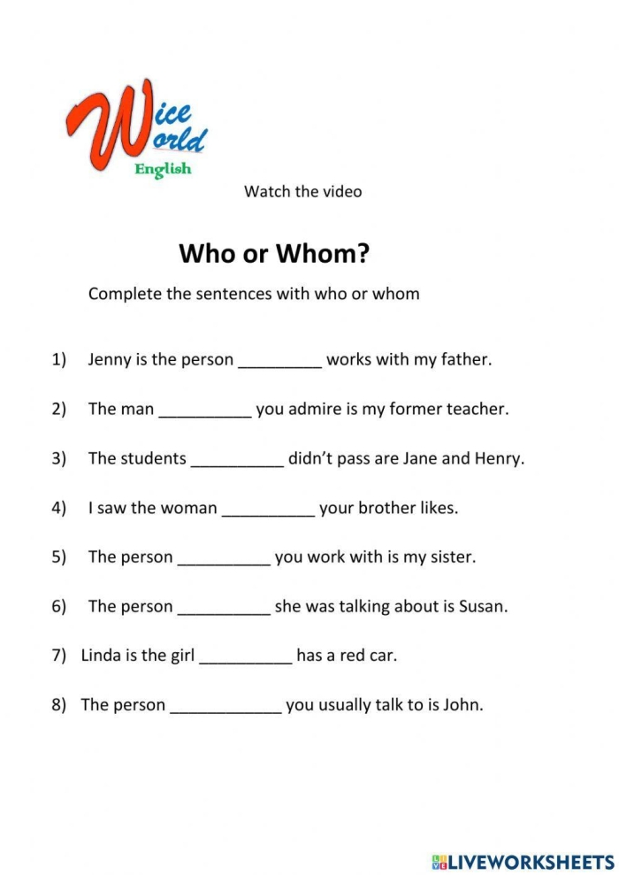 Fill-in-the-blanks worksheet teaching third graders the difference between who and whom in sentences