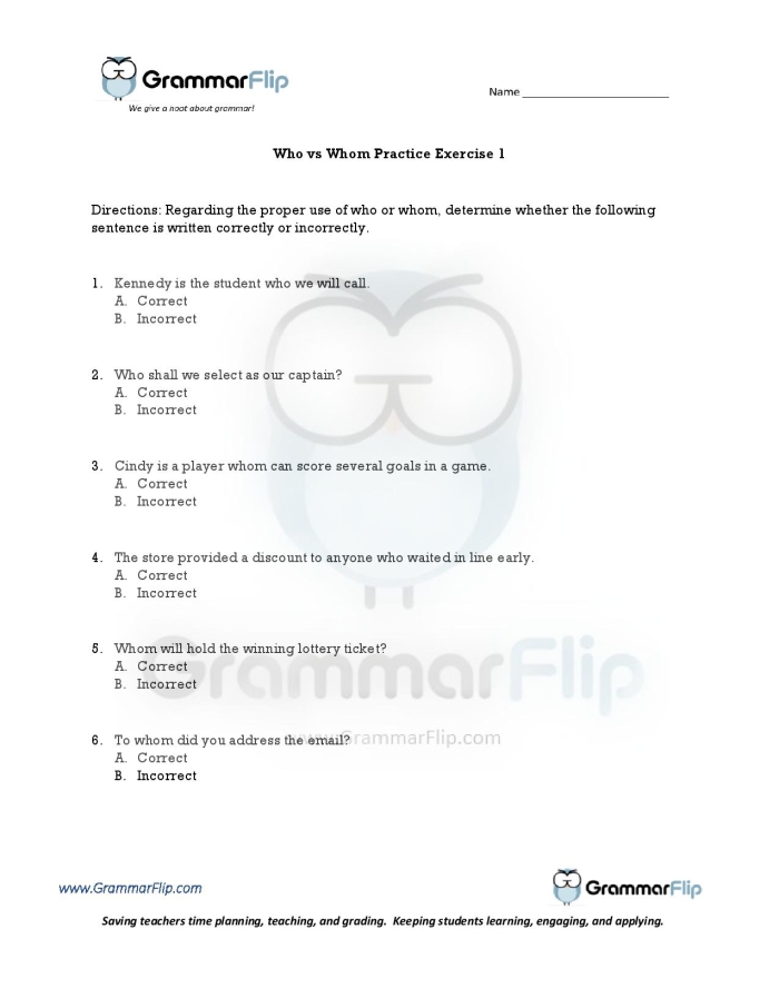 Worksheet for third graders on using 'who' and 'whom' correctly in sentences