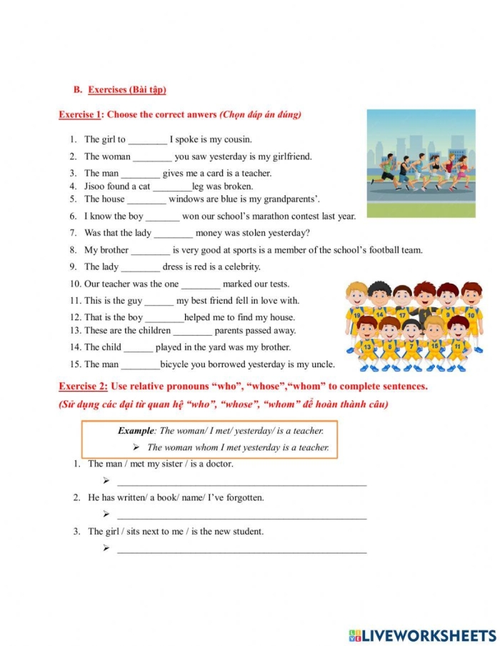 Fill-in-the-blanks worksheet for learning the difference between who and whom in sentences