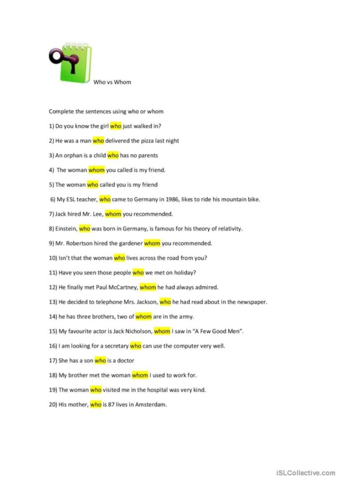 Worksheet for third graders on the usage of who and whom in sentences