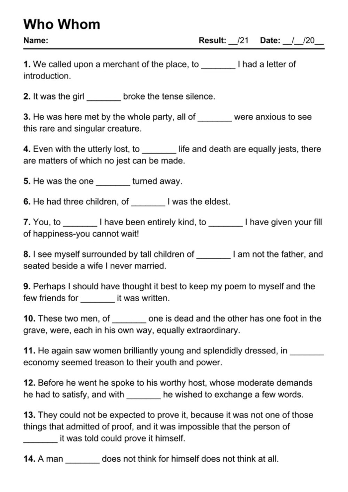 Third grade grammar worksheet focusing on the usage of who and whom in sentences