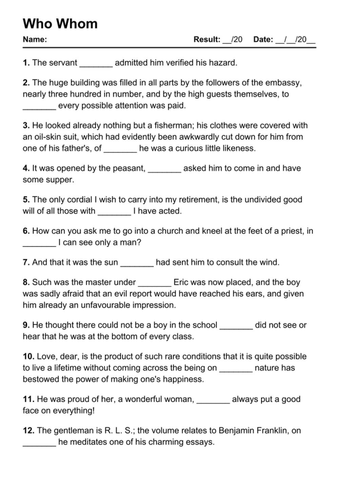 Fill-in-the-blanks worksheet to teach third graders when to use who or whom in sentences