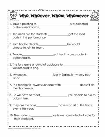 Worksheet helping third graders distinguish between "who" and "whom" in sentences