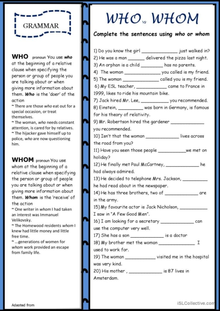 Fill-in-the-blanks worksheet for third graders on using who and whom correctly