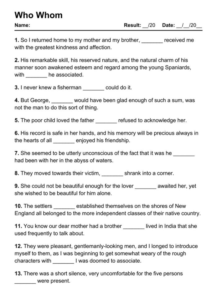 Fill-in-the-blanks worksheet helping third graders learn the difference between who and whom