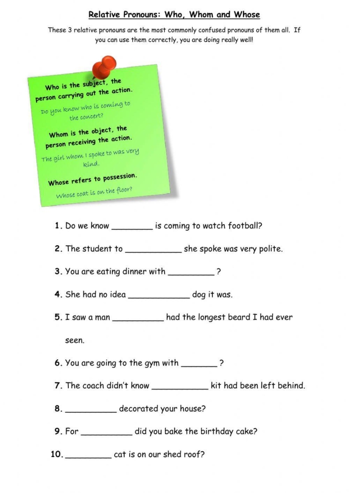 Fill-in-the-blanks worksheet for teaching third graders the difference between who and whom