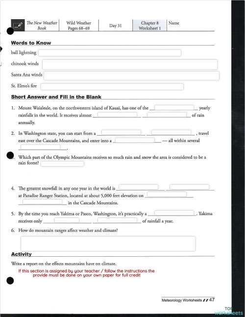 Third grade worksheet on text-dependent questions related to wild weather Students engaged in answering questions about wild weather on their worksheet