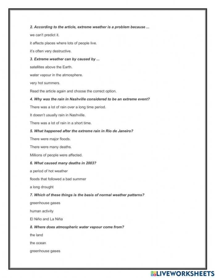 Answering Questions About Wild Wild Weather worksheet for grade three number 13 Third grade student answering text-dependent questions on a wild weather worksheet