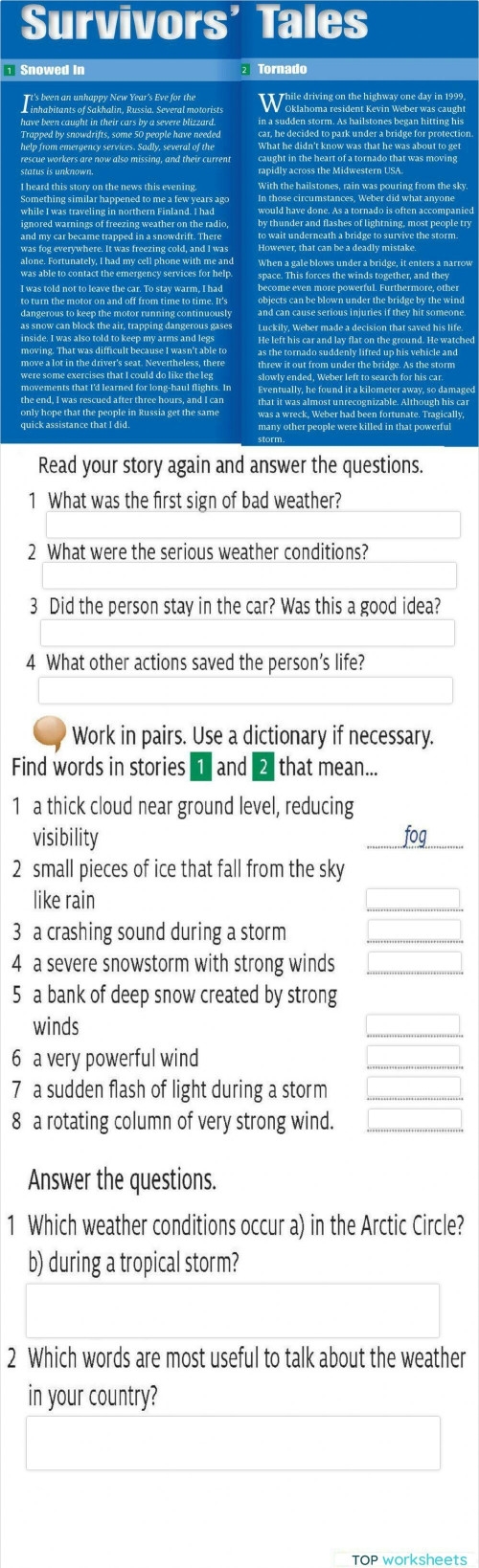 Engaging activity sheet focusing on text-dependent questions for young learners Worksheet for third graders on answering questions about wild weather