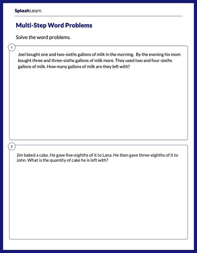 Winter-themed worksheet for third graders featuring multi-step word problems involving fractions